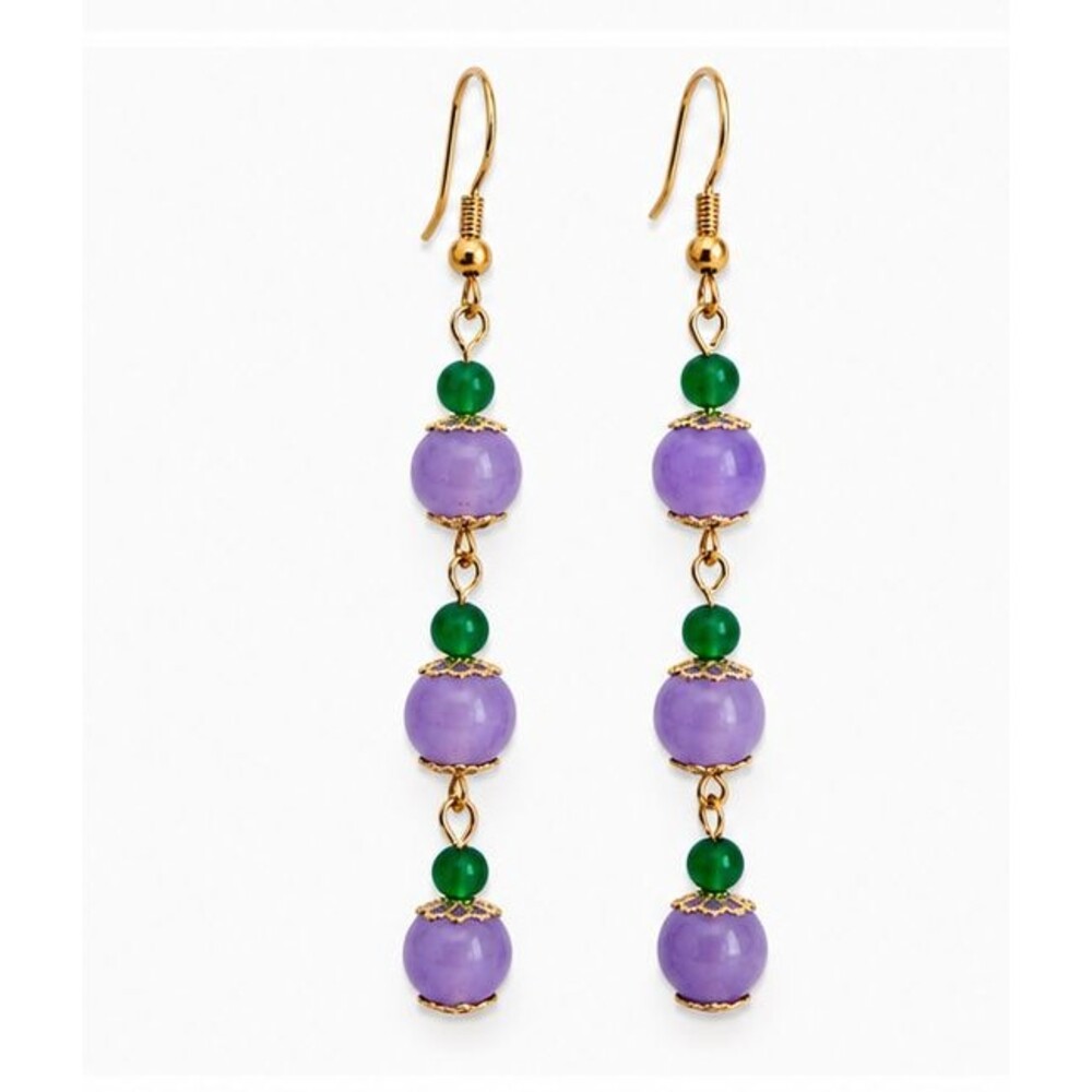 Purple Green Beaded Long Dangle Earrings Gold Tone Boho Drop Pierced